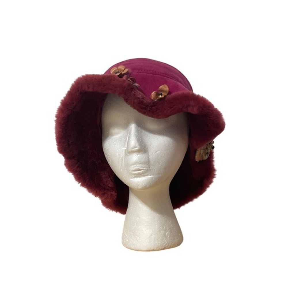 Womens Burgundy Faux Suede Fur Trim Bucket‎ Hat Embellished Flowers Artsy